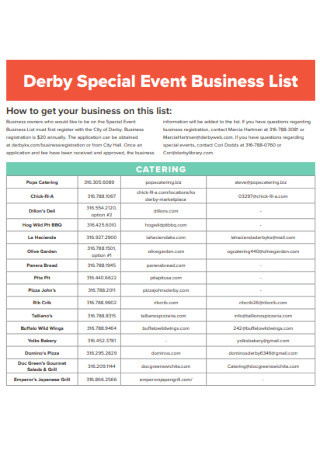 Special Event Business List