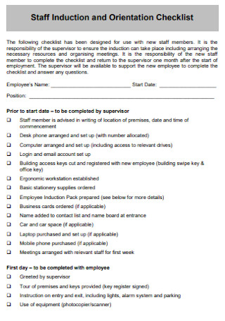 Staff Induction and Orientation Checklist