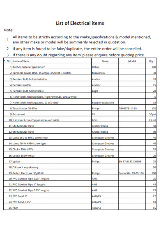 Stock List of Electrical items