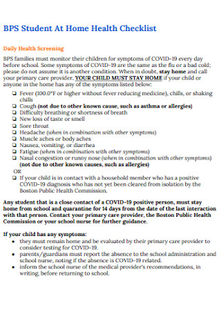 Student At Home Health Checklist
