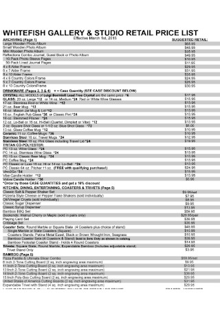 Studio Retail Price List