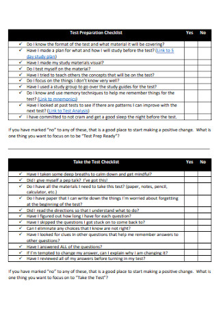 Test Preparation Checklist