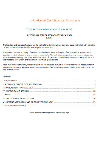 Test Specification and Task List