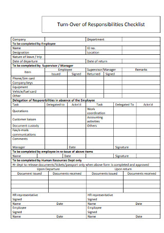 Turn Over of Responsibilities Checklist