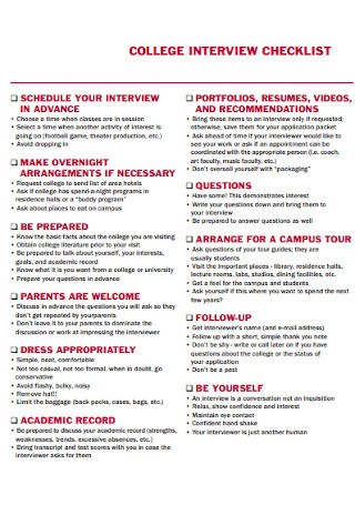 University of College Interview Checklist