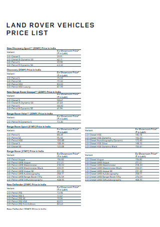 Vehicle Price List Template
