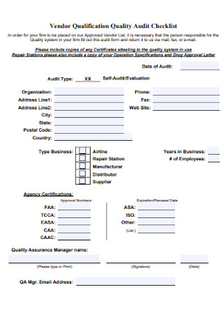 Vendor Qualification Quality Audit Checklist 