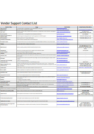Vendor Support Contact List