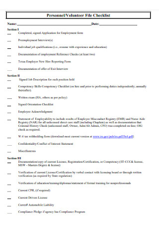 Volunteer File Checklist Template