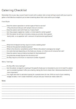 Wedding Catering Checklist Example