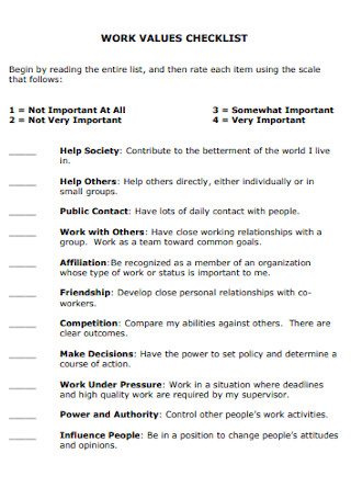 Work Values Checklist Template