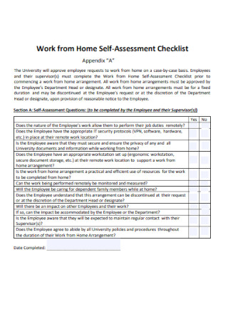 Work from Home Self Assessment Checklist
