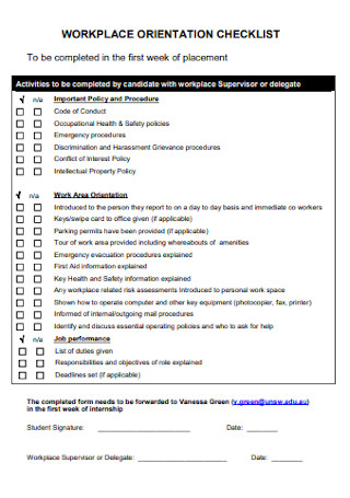 Workplace Orientation Checklist