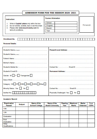 Admission Form for Session Year