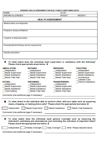 Adult Health Assessment Form