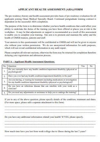 Application Health Assessment Form