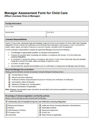 Assessment Form for Child Care