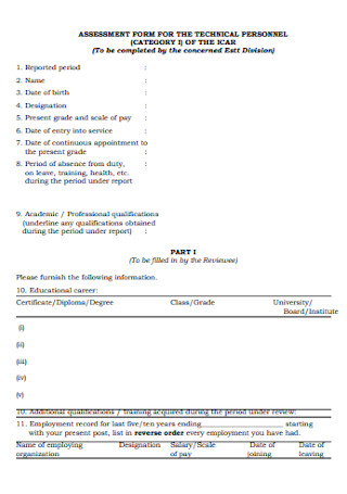 Assessment Form for Technical Personal