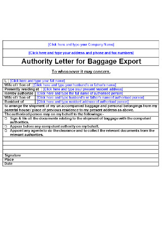 Authority Letter for Baggage Export