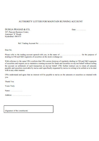 Authority Letter of Maintain Account