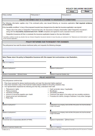 Basic Policy Delivery Receipt Template