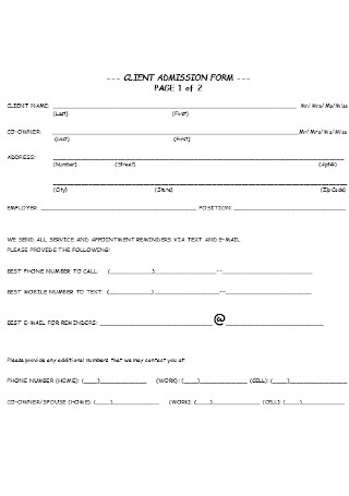 Client Admission Form Template