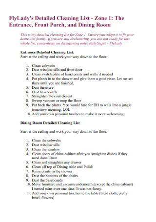Dining Room Cleaning List