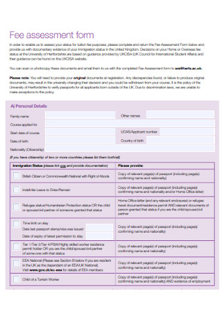 Fee Assessment Form Template