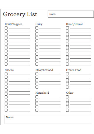 Food Grocery List Template