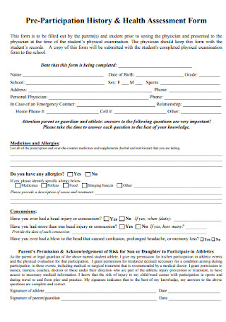 History and Health Assessment Form
