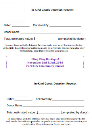 In Kind Goods Donation Receipt