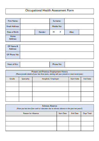 Occupational Health Assessment Form
