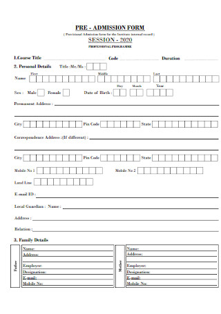 Pre Admission Form Template