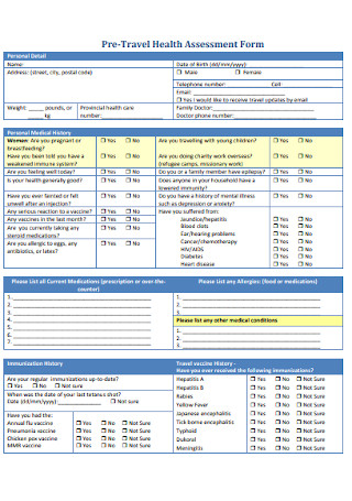 Pre Travel Health Assessment Form