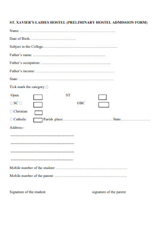 Preliminary Hostel Admission Form