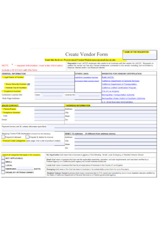 Sample Create Vendor Form