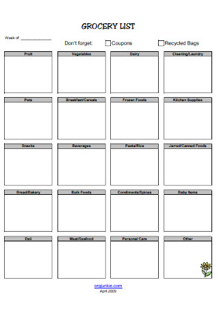 Sample Grocery List Template