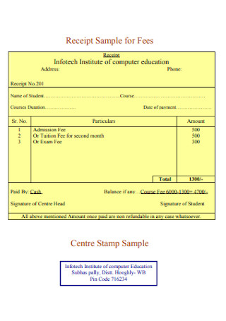 Sample Receipt for Fees Template