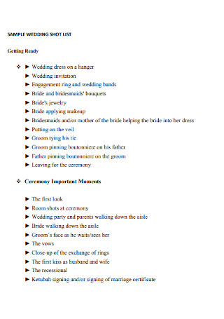 Sample Wedding Shot List Example