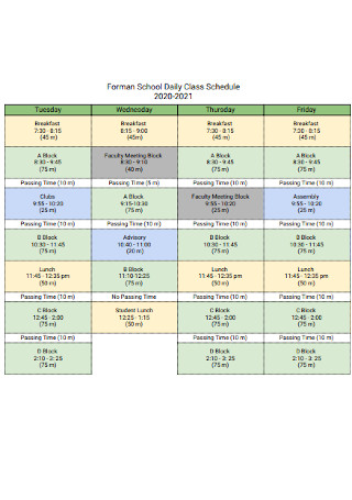 School Daily Class Schedule