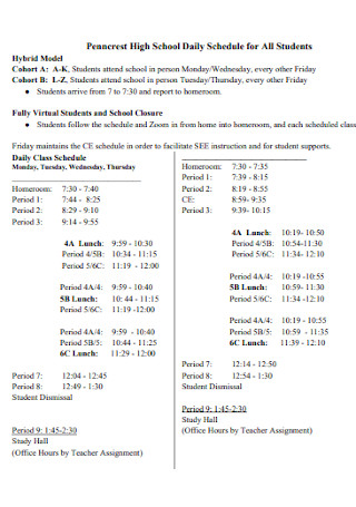 School Daily Schedule for All Students