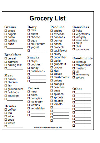 Standard Grocery List Template