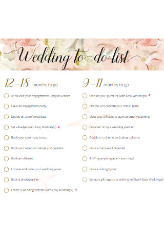 Standard Wedding To Do List