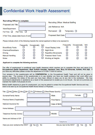 Work Health Assessment Form Template
