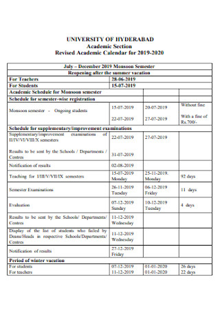 Academic Section Calendar