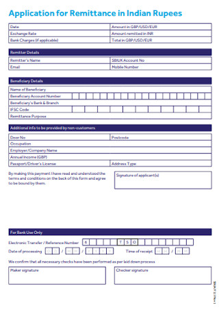 Application Form for Remittance Rupees