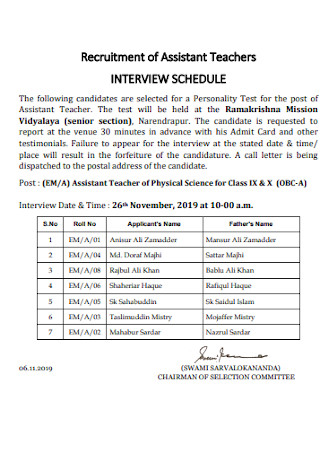 Assistant Teachers Interview Schedule