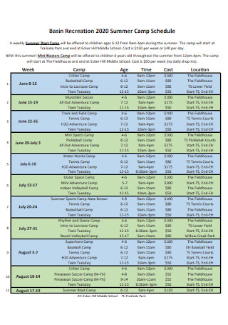 Basin Recreation Summer Camp Schedule