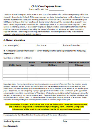 Child Care Expense Form Template
