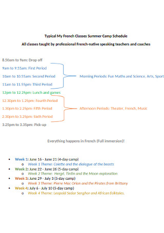 Classes Summer Camp Schedule